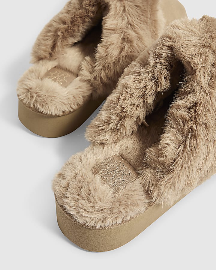 Beige Faux Fur Closed Toe Slippers