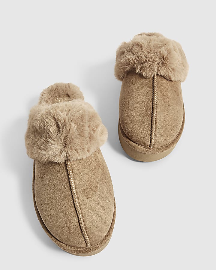 Beige Faux Fur Closed Toe Slippers