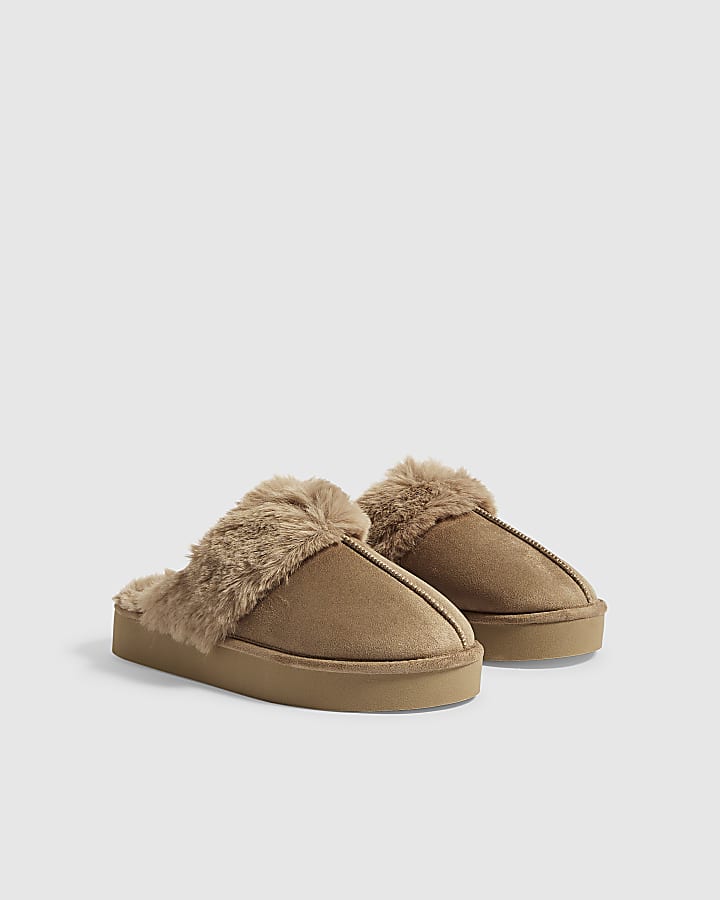 Beige Faux Fur Closed Toe Slippers
