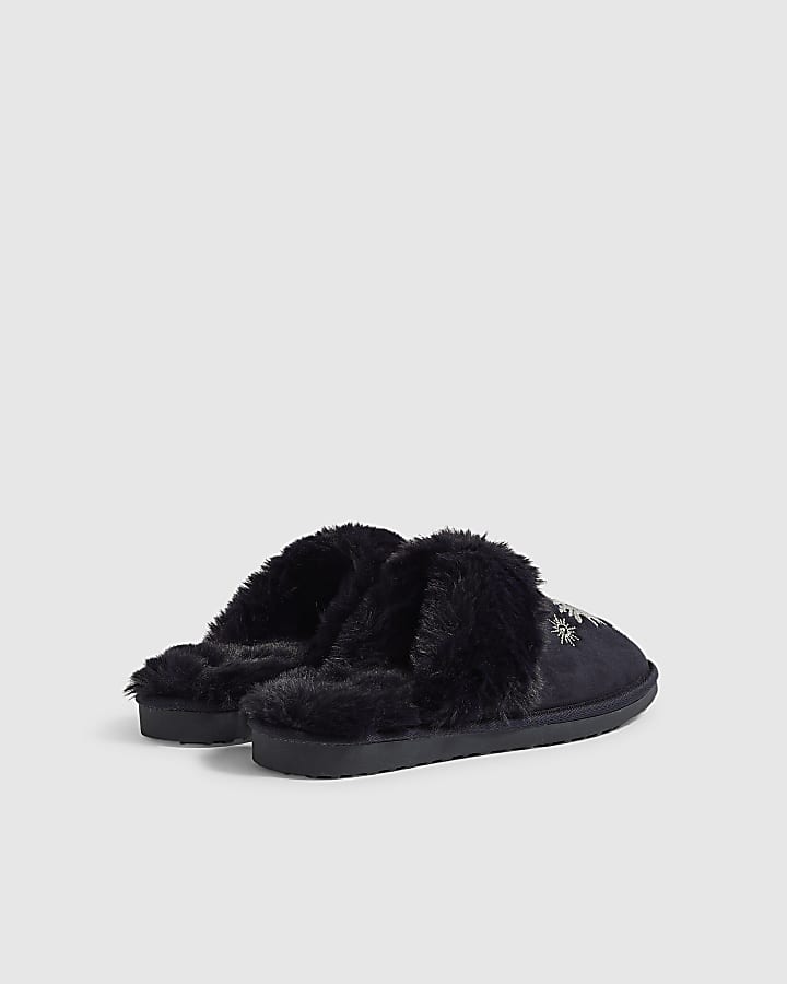Navy Star Embroidered Faux Fur Mule Slippers