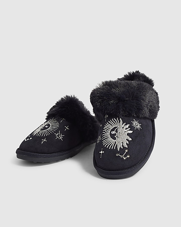 Navy Star Embroidered Faux Fur Mule Slippers