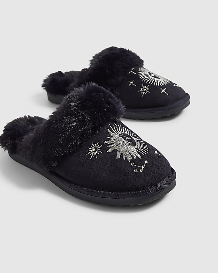 Navy Star Embroidered Faux Fur Mule Slippers