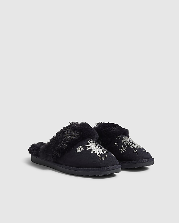 Navy Star Embroidered Faux Fur Mule Slippers