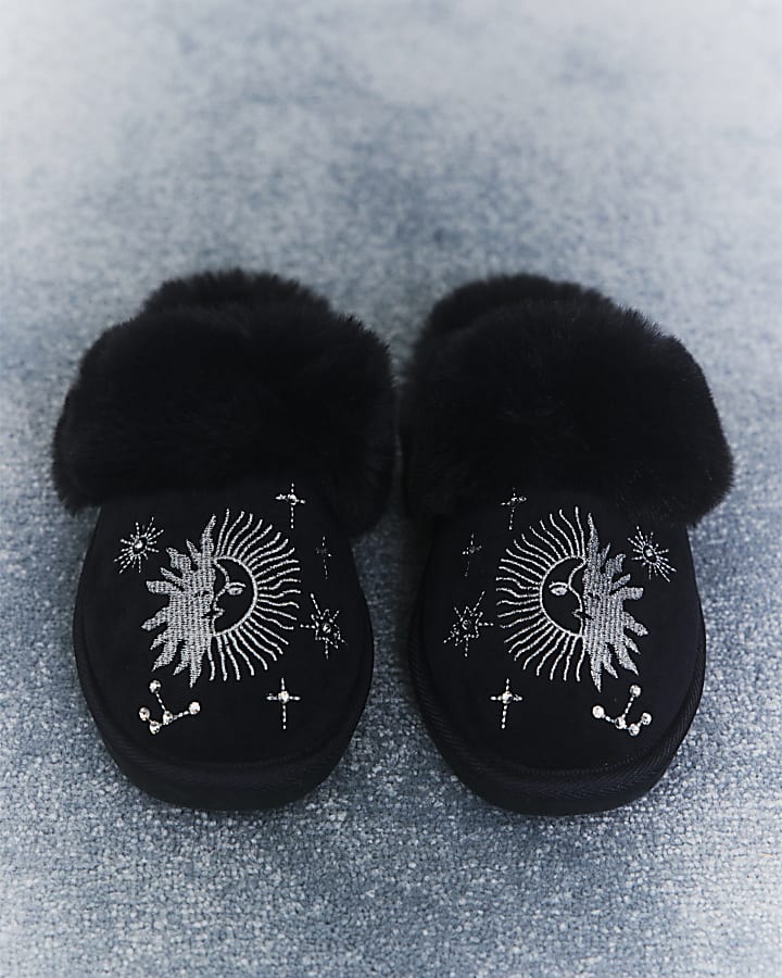 Navy Star Embroidered Faux Fur Mule Slippers