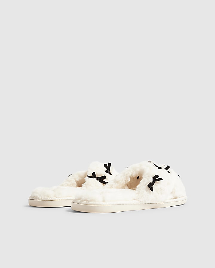 Cream Fluffy Cross Strap Bow Slippers