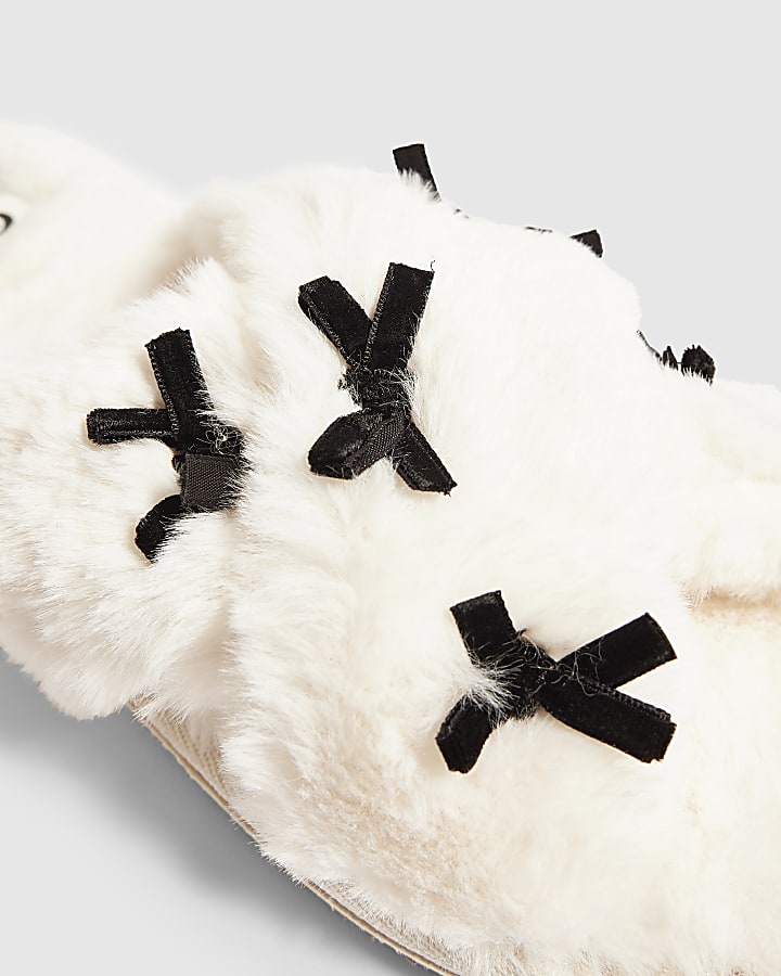 Cream Fluffy Cross Strap Bow Slippers