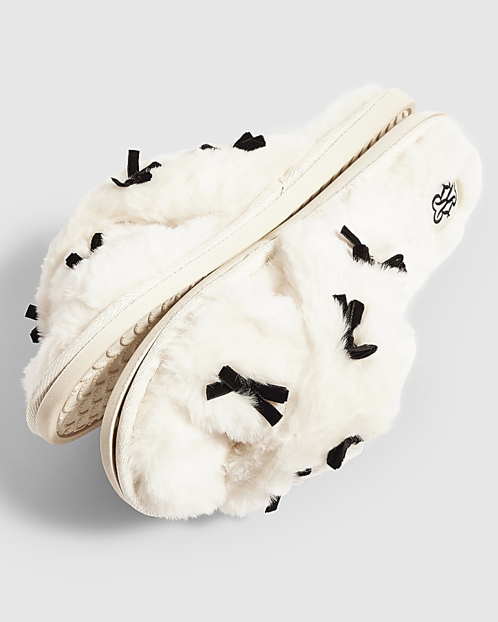 Cream Fluffy Cross Strap Bow Slippers