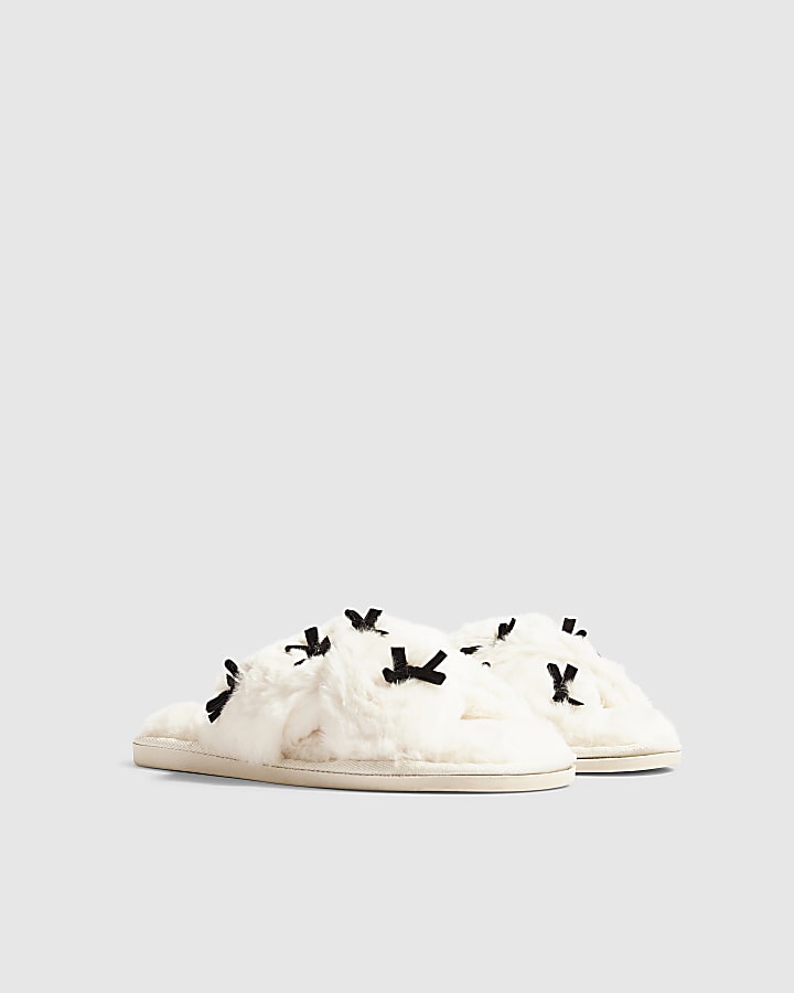Cream Fluffy Cross Strap Bow Slippers