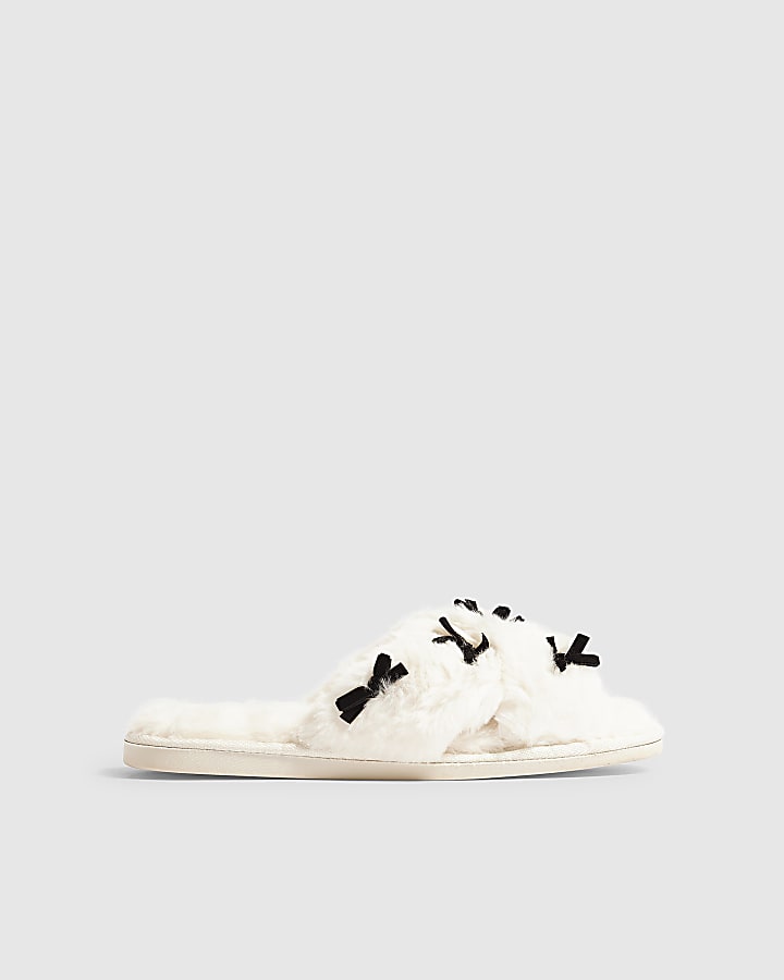 Cream Fluffy Cross Strap Bow Slippers