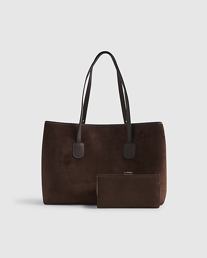 Brown Faux Suede Buckle Shopper Bundle Bag