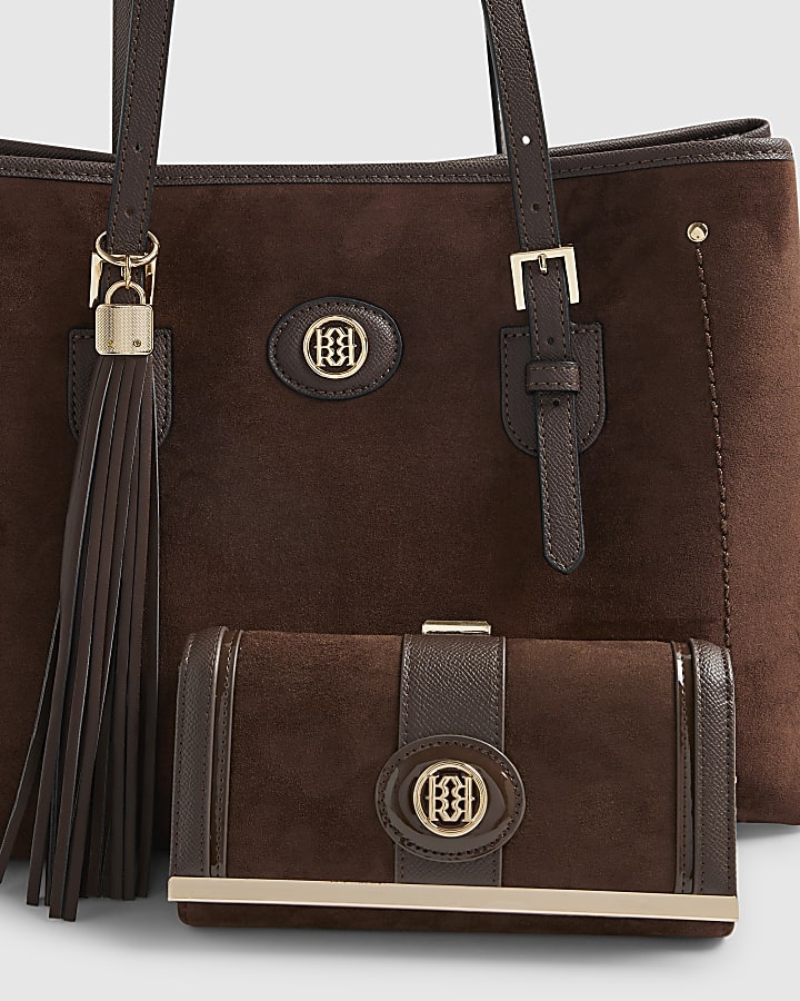 Brown Faux Suede Buckle Shopper Bundle Bag