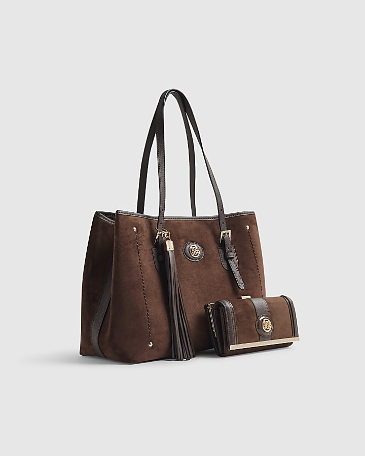 Brown Faux Suede Buckle Shopper Bundle Bag