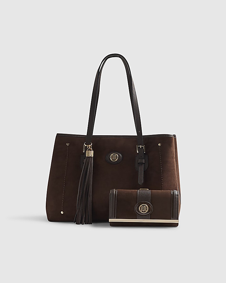Brown Faux Suede Buckle Shopper Bundle Bag