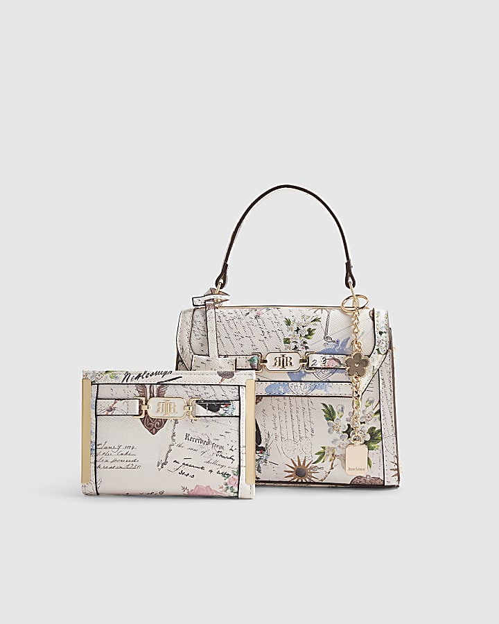Cream Postcard Print Mini Tote Bag Bundle