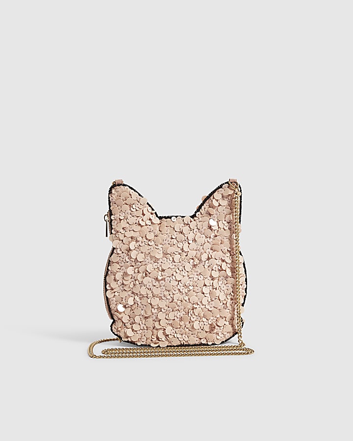 Pink Beaded Cat Crossbody Bag