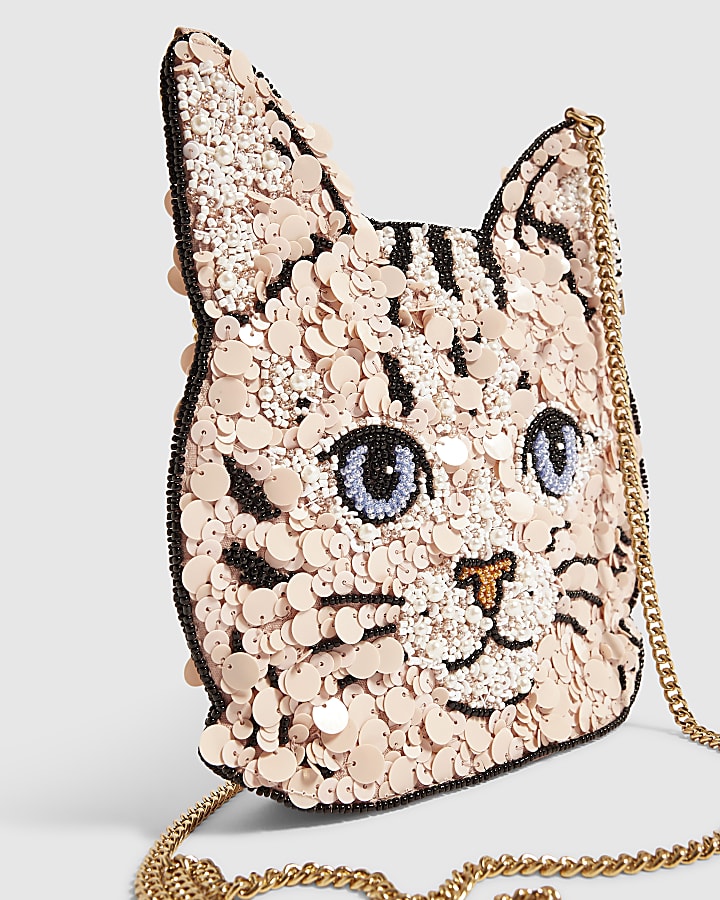 Pink Beaded Cat Crossbody Bag