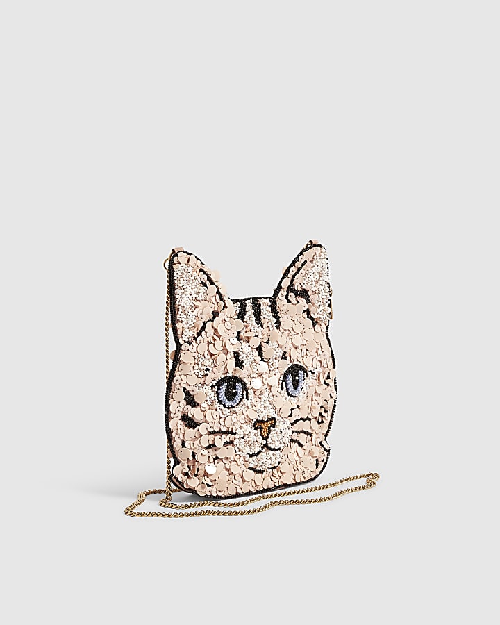 Pink Beaded Cat Crossbody Bag
