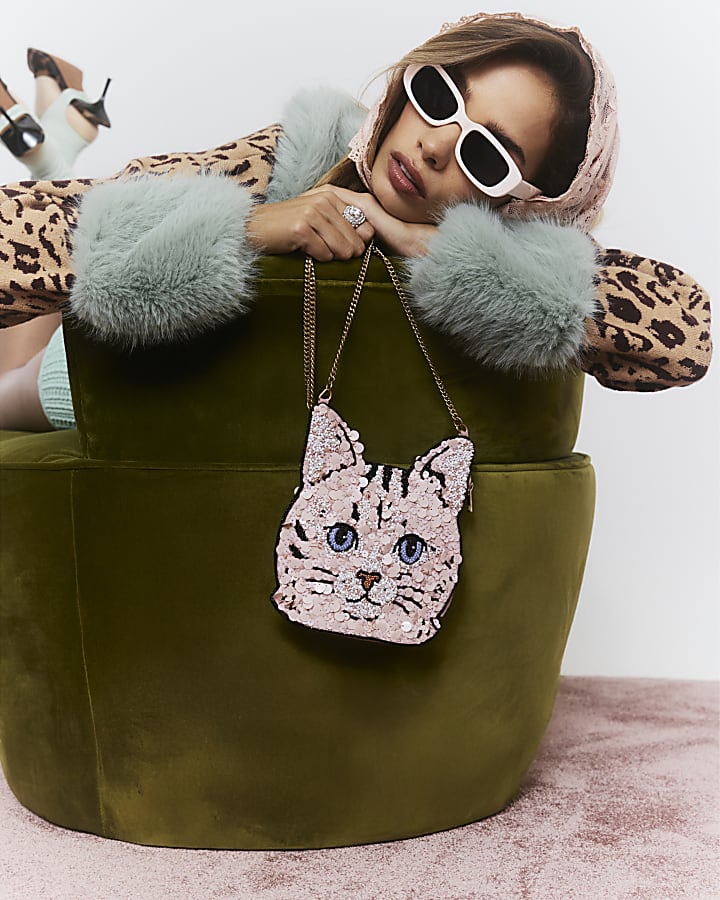 Pink Beaded Cat Crossbody Bag