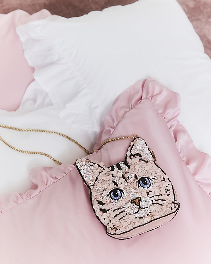 Pink Beaded Cat Crossbody Bag