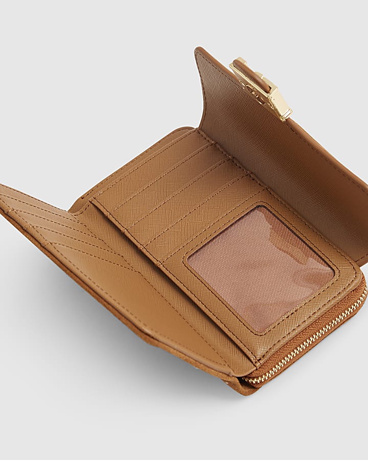 Brown Diamante Tab Front Zip Around Purse