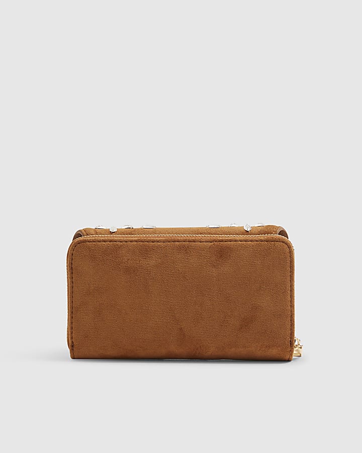 Brown Diamante Tab Front Zip Around Purse