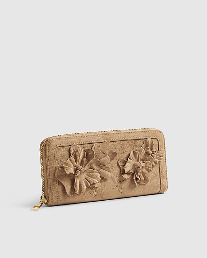Beige 3D Floral Faux Suede Purse