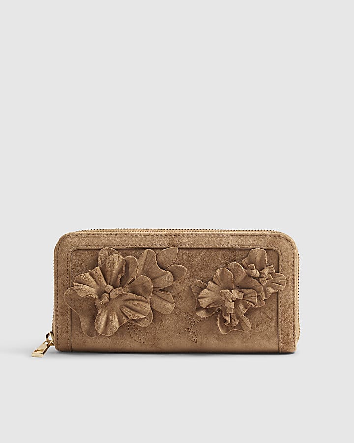 Beige 3D Floral Faux Suede Purse