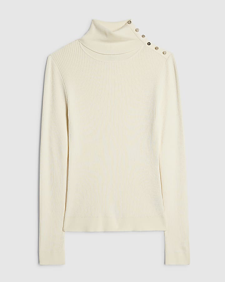 Cream Rib Roll Neck Knit Top