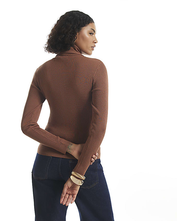 Brown Rib Knit Roll Neck Top