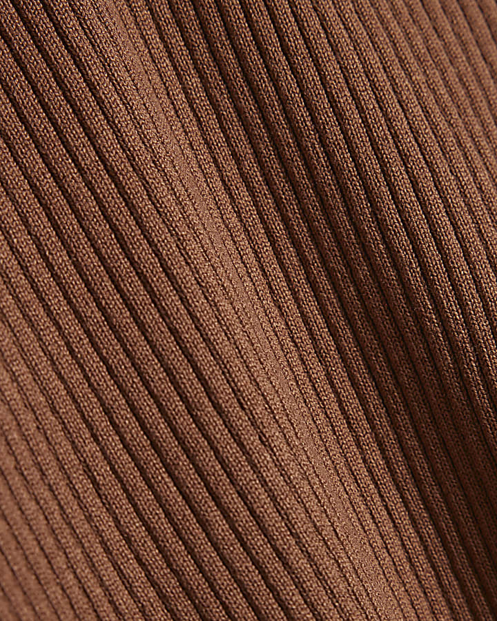 Brown Rib Knit Roll Neck Top