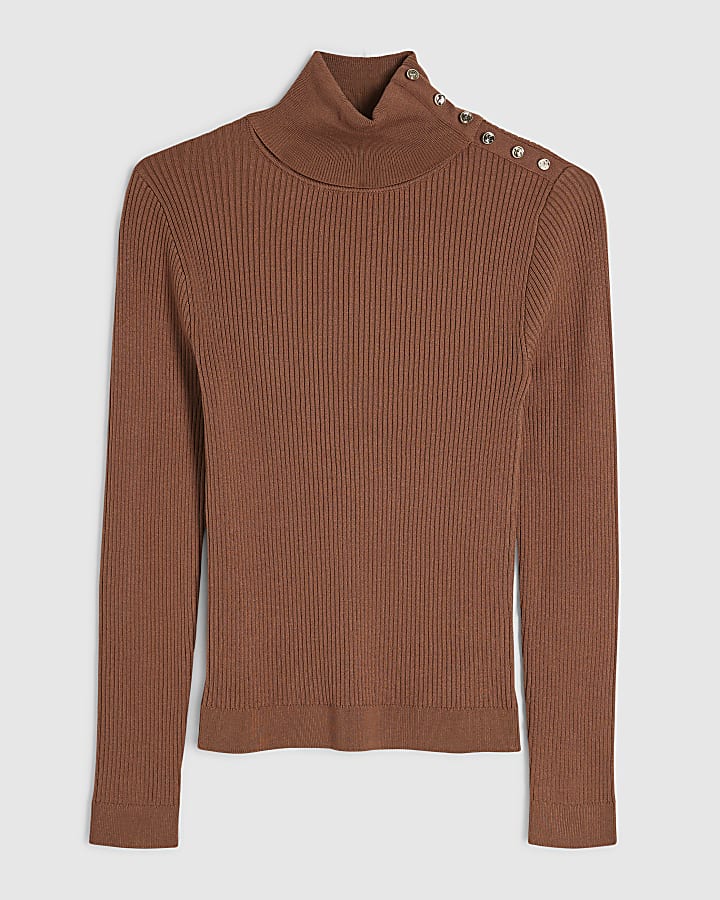Brown Rib Knit Roll Neck Top