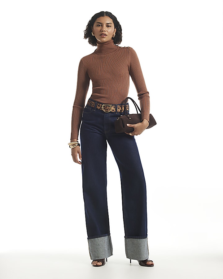 Brown Rib Knit Roll Neck Top