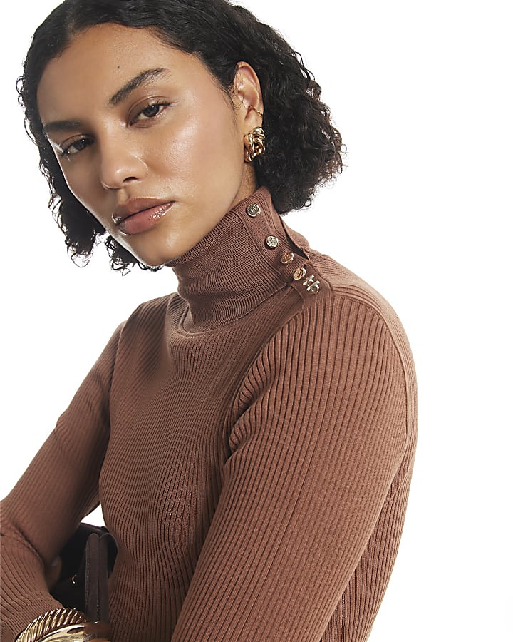 Brown Rib Knit Roll Neck Top
