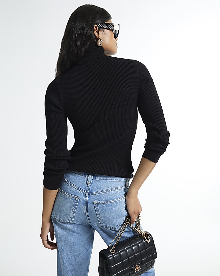 Black Rib Knit Roll Neck Top