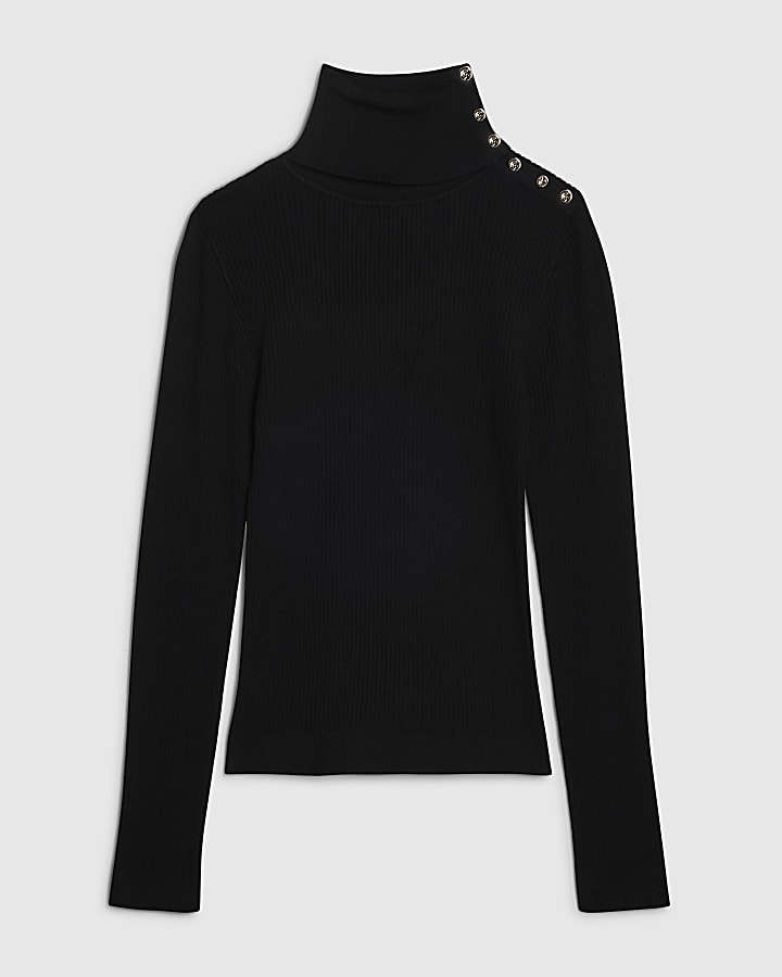 Black Rib Knit Roll Neck Top