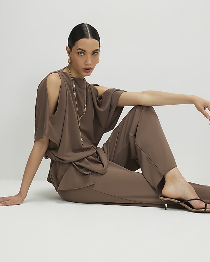 Brown Cold Shoulder Top