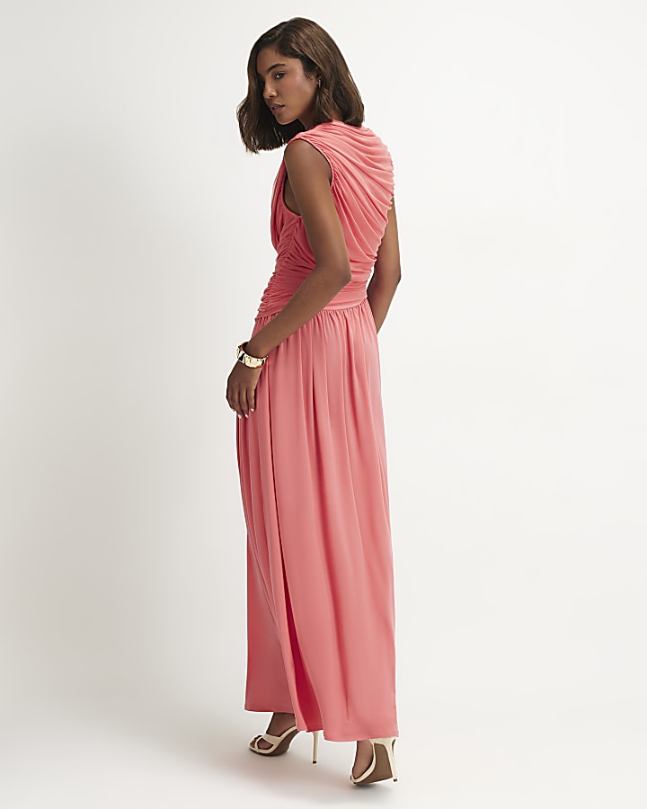 Pink Sleeveless Drape Maxi Dress