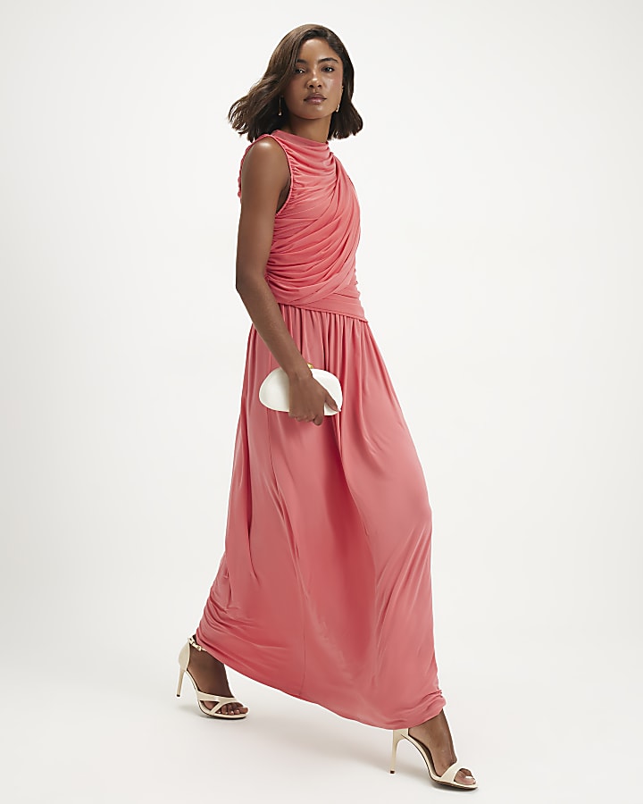 Pink Sleeveless Drape Maxi Dress