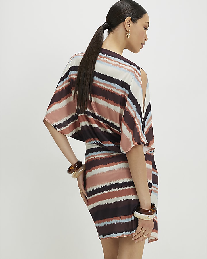 Brown Stripe Cold Shoulder Mini Dress