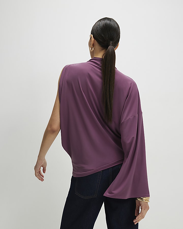 Purple Asymmetric Drape Sleeve Flowing Top