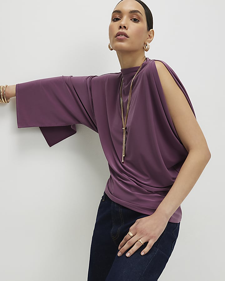 Purple Asymmetric Drape Sleeve Flowing Top