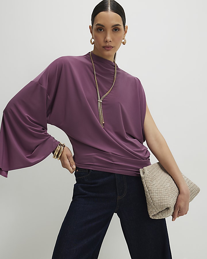 Purple Asymmetric Drape Sleeve Flowing Top