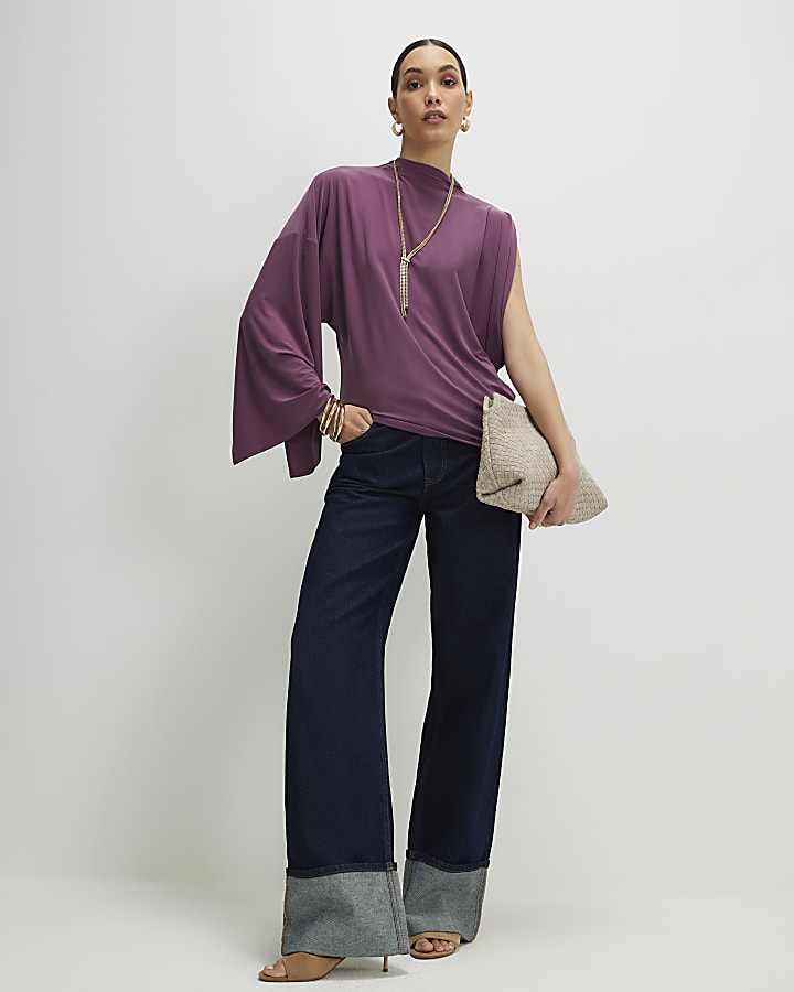 Purple Asymmetric Drape Sleeve Flowing Top