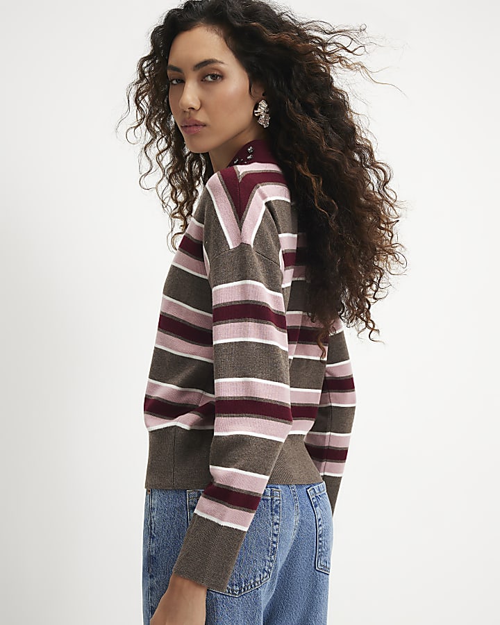 Pink Stripe Embellished Knit Polo Shirt
