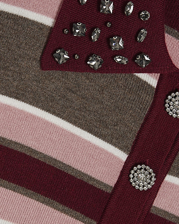 Pink Stripe Embellished Knit Polo Shirt