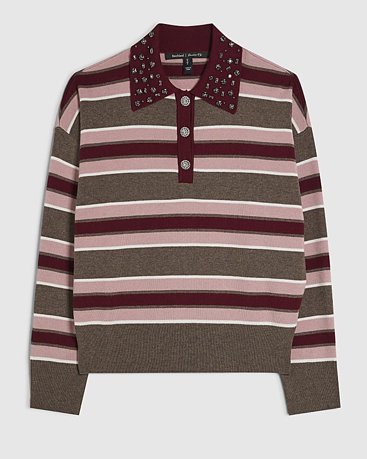 Pink Stripe Embellished Knit Polo Shirt