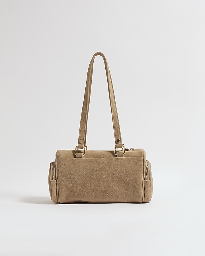 Beige Suede Utility Shoulder Bag