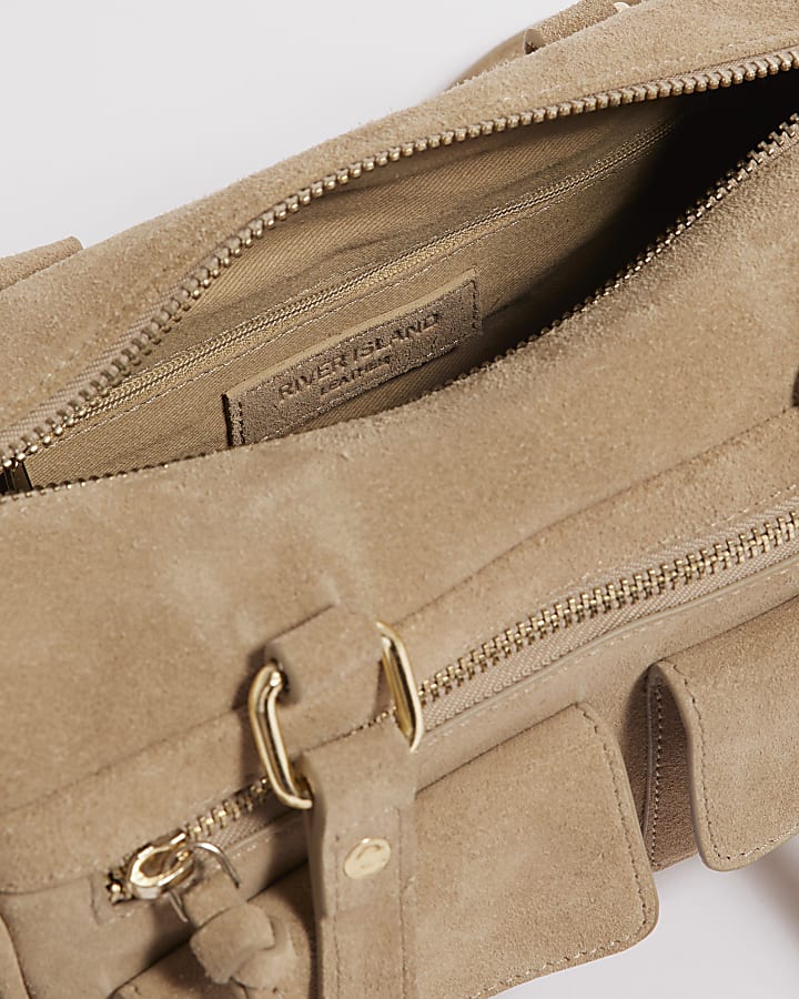 Beige Suede Utility Shoulder Bag