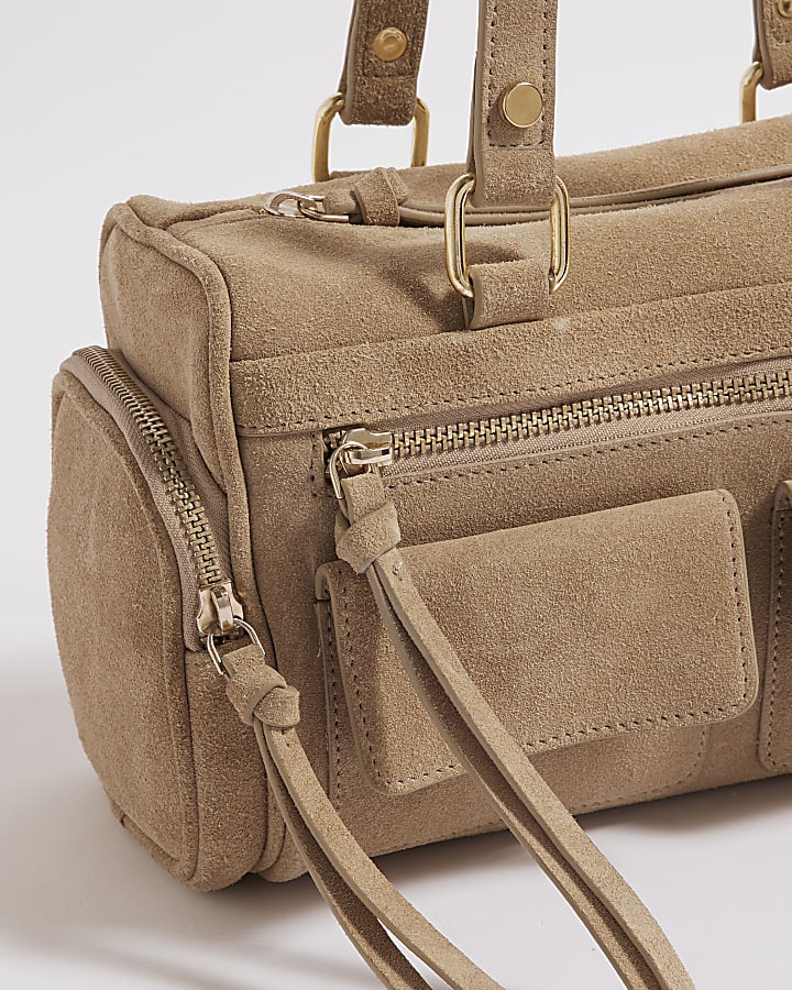 Beige Suede Utility Shoulder Bag