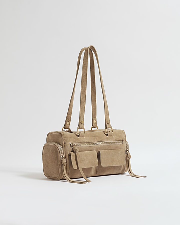 Beige Suede Utility Shoulder Bag